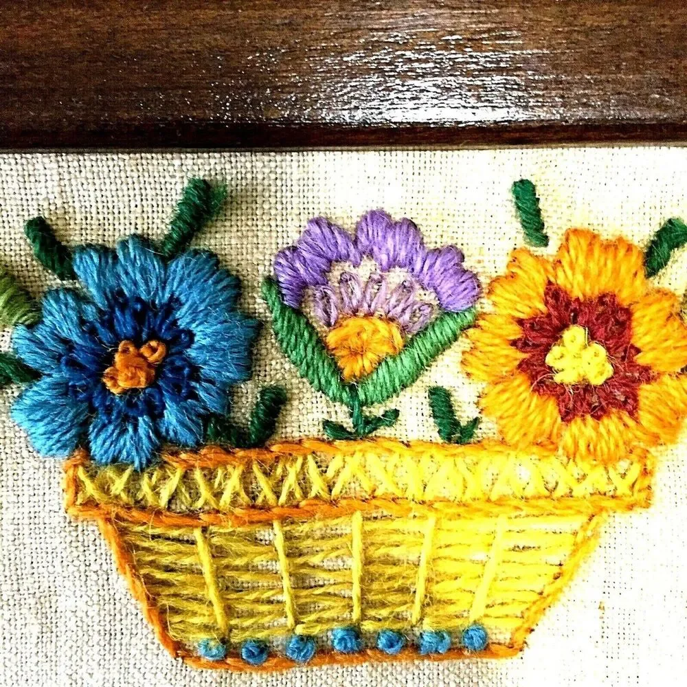 Antique Framed Mirror Crewel Embroidery Jacobean Sampler Linen Wool Floral Bird